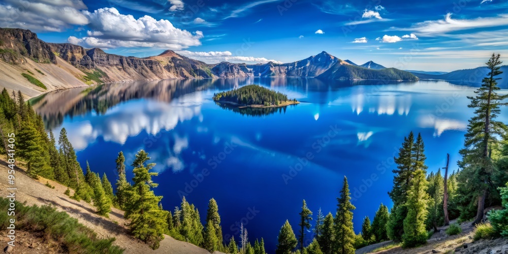 Fototapeta premium Crater Lake, Oregon, USA (One of the most famous volcanic crater lakes, known for its deep blue color and pristine beauty) in the afternoon