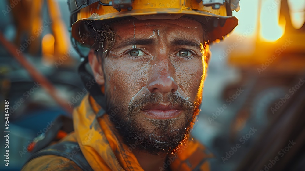 Fototapeta premium A close-up shot of a construction worker's determined face as they operate a robotic exoskeleton to lift heavy materials on a construction site. The exoskeleton is visible in the background,