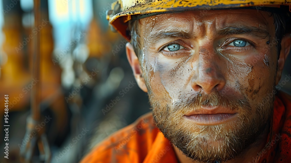 A close-up shot of a construction worker's determined face as they operate a robotic exoskeleton to lift heavy materials on a construction site. The exoskeleton is visible in the background, A close-up shot of a construction worker's determined face as they operate a robotic exoskeleton to lift heavy materials on a construction site. The exoskeleton is visible in the background,