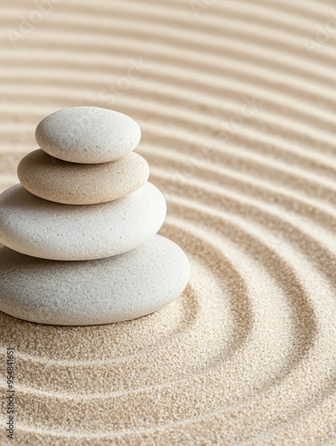 A serene composition of stacked stones on raked sand, evoking tranquility and balance in a minimalist setting.