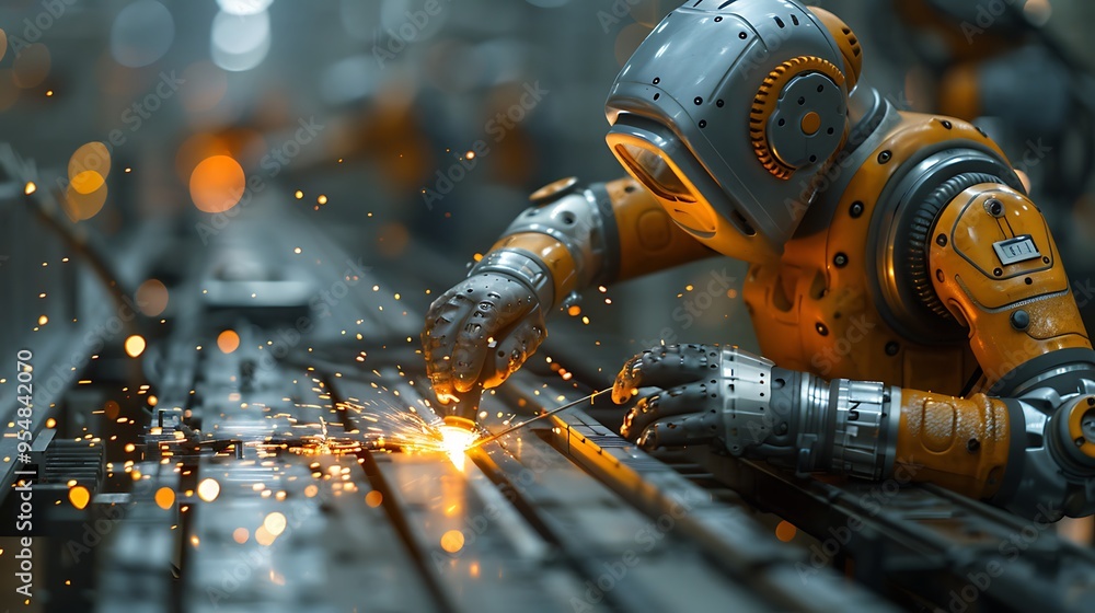 A close-up shot of a robotic welding arm in action, with an engineer monitoring the process in a high-tech factory. The scene highlights the precision of the welding, A close-up shot of a robotic welding arm in action, with an engineer monitoring the process in a high-tech factory. The scene highlights the precision of the welding,