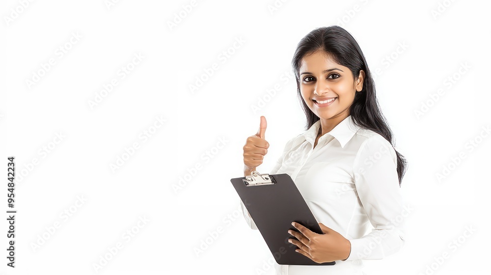 Indian businesswoman giving a thumbs up while holding a dark gray clipboard, expressing confidence as the best job candidate, professional success Indian businesswoman giving a thumbs up while holding a dark gray clipboard, expressing confidence as the best job candidate, professional success