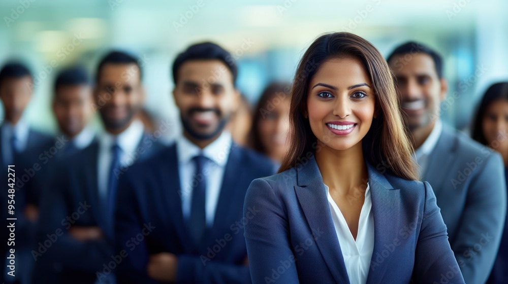 A professional woman stands out from a group of men and women, highlighting her individuality, professional setting, job candidate A professional woman stands out from a group of men and women, highlighting her individuality, professional setting, job candidate
