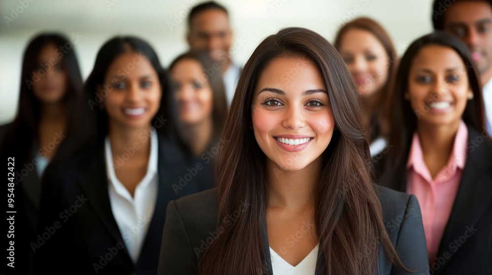Professional Indian woman smiling at the center with her business team behind, highlighting her as the best job candidate, team environment, leadership Professional Indian woman smiling at the center with her business team behind, highlighting her as the best job candidate, team environment, leadership