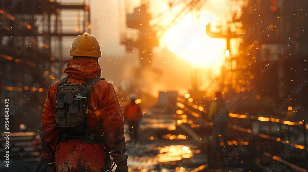 A construction site scene where a worker, equipped with a robotic exoskeleton, is lifting heavy steel beams into place. The background features a large construction project with cranes, scaffolding, A construction site scene where a worker, equipped with a robotic exoskeleton, is lifting heavy steel beams into place. The background features a large construction project with cranes, scaffolding,