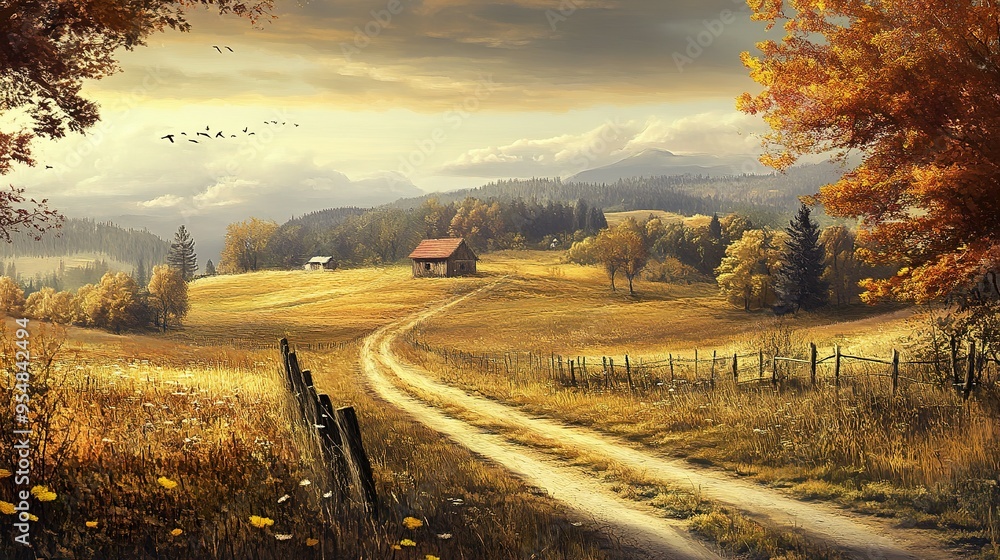 Fototapeta premium Rustic Cabin nestled in a golden autumnal valley with a winding dirt road