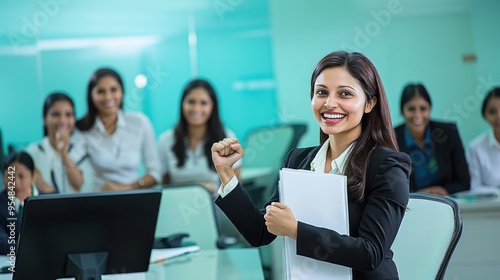 Indian businesswoman holding a file smiling confidently while raising a fist, professional success, job interview, achievement