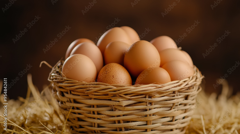 Freshly collected brown eggs in a woven basket with hay in a rustic farm market stall setting Freshly collected brown eggs in a woven basket with hay in a rustic farm market stall setting