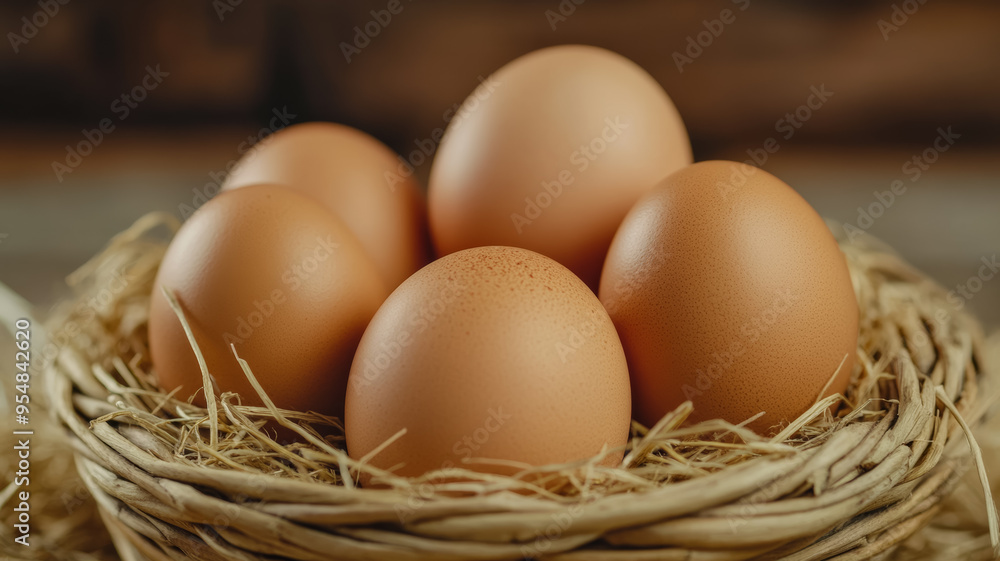 Freshly collected brown eggs in a woven basket with hay in a rustic farm market stall setting Freshly collected brown eggs in a woven basket with hay in a rustic farm market stall setting