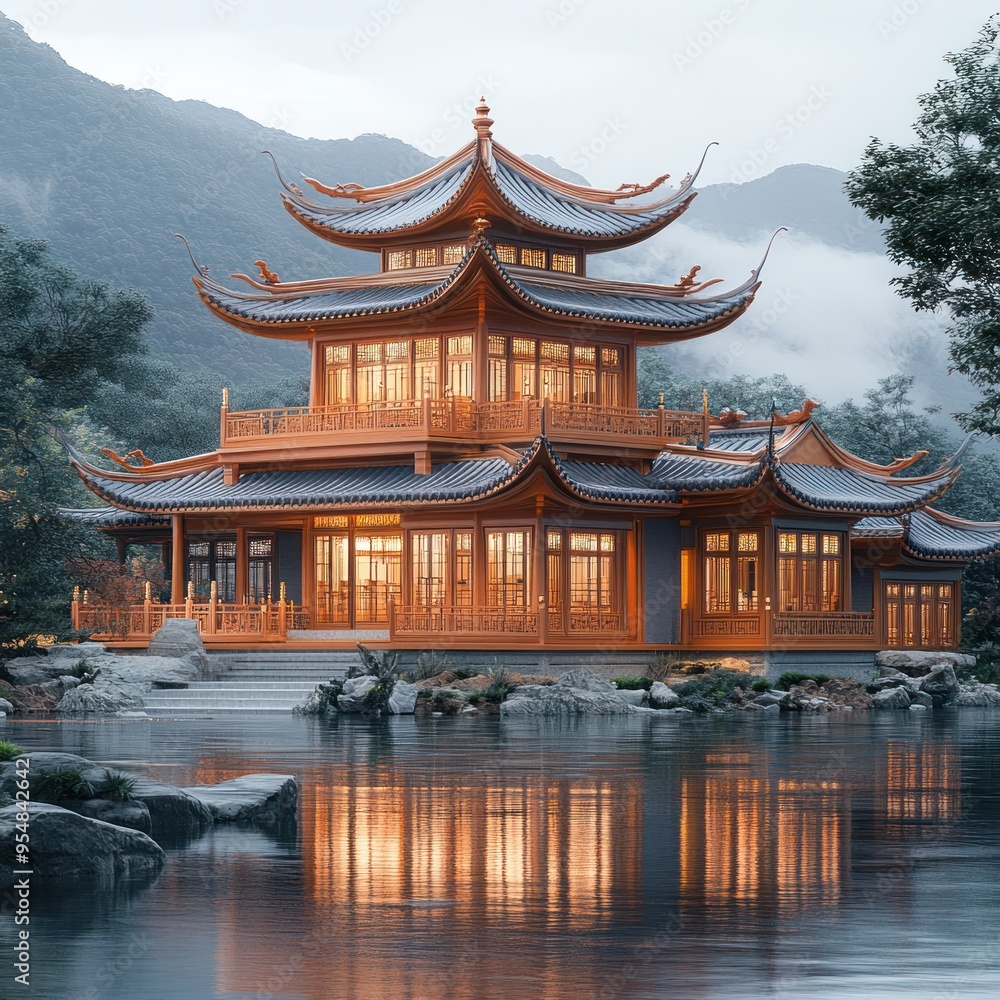 Elegant traditional pavilion by a serene lake in a mountainous setting. Elegant traditional pavilion by a serene lake in a mountainous setting.