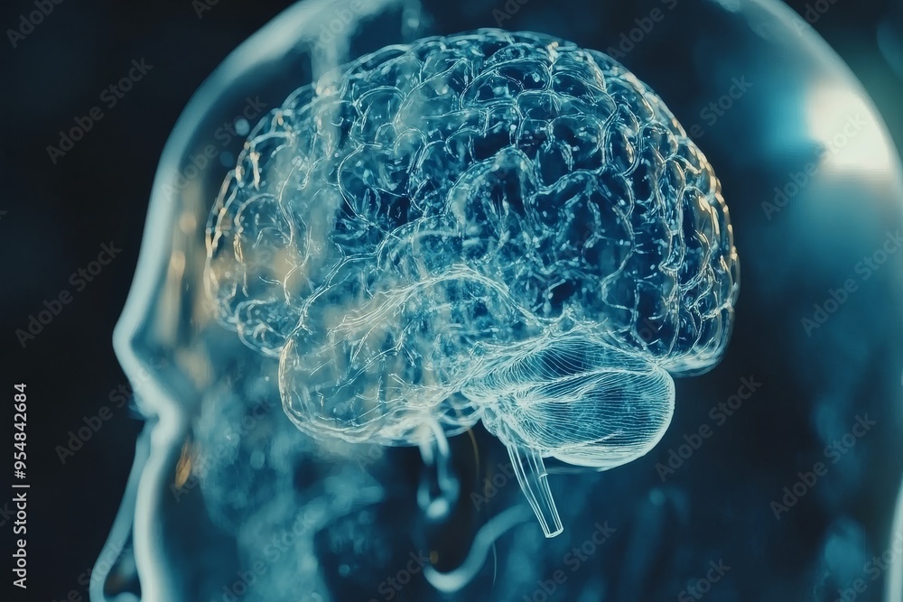 Stress response Oxytocin release X ray style depiction of a human brain representing the transparency of thought and the intricate network of neural connections Stress response Oxytocin release X ray style depiction of a human brain representing the transparency of thought and the intricate network of neural connections