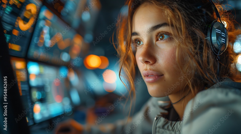 A detailed shot of a customer support representative using a computer with an AI chatbot interface in a call center.