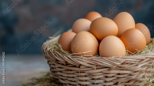 Freshly collected brown eggs in a woven basket with hay in a rustic farm market stall setting 