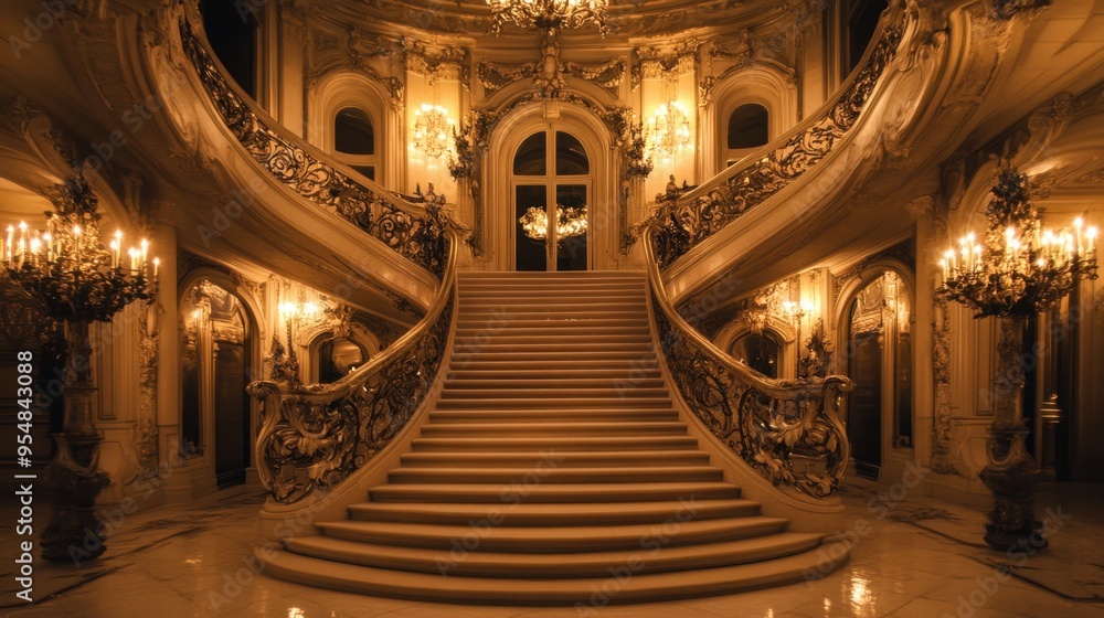A grand staircase in a palatial estate with ornate details and elegant lighting A grand staircase in a palatial estate with ornate details and elegant lighting