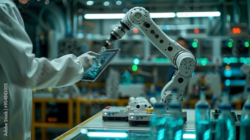 A detailed shot of a scientist using a tablet to control a robotic arm during a sophisticated experiment in a modern lab. The robotic arm is delicately handling chemicals, photo