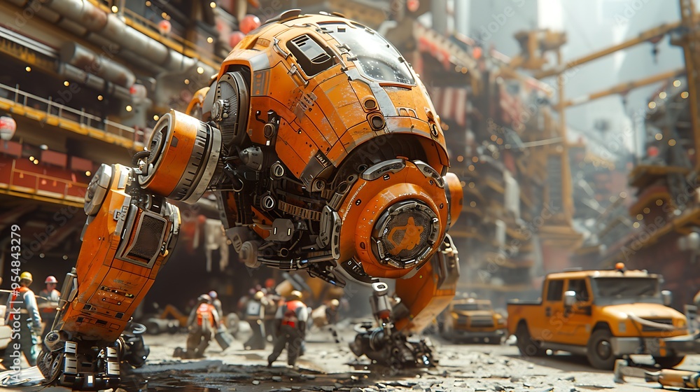 A dynamic shot of a construction worker using a robotic exoskeleton to lift heavy materials, surrounded by a busy construction site. The exoskeleton is in motion, A dynamic shot of a construction worker using a robotic exoskeleton to lift heavy materials, surrounded by a busy construction site. The exoskeleton is in motion,