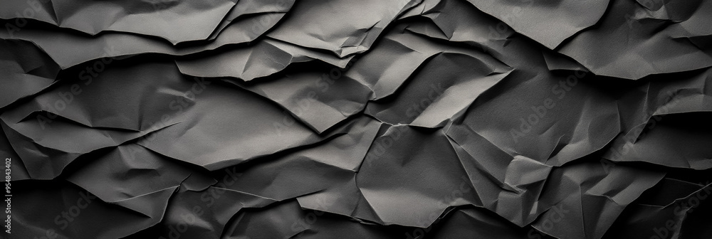 Heavily wrinkled black paper background with deep creases and a textured gritty surface Heavily wrinkled black paper background with deep creases and a textured gritty surface