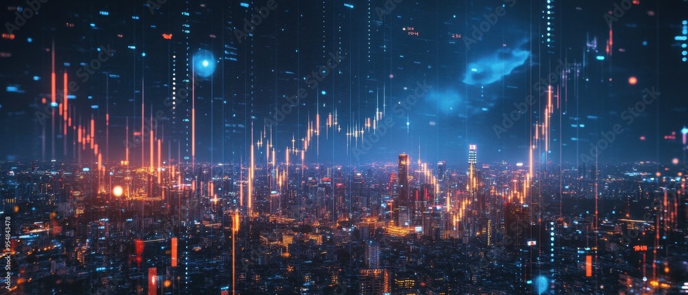 Fototapeta premium A glowing cityscape with financial symbols and investment trends in the night sky