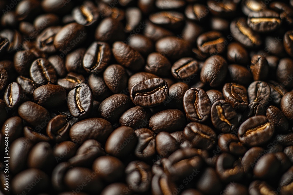 Naklejka premium A rich and textured close-up of roasted coffee beans spread evenly across the frame. The deep