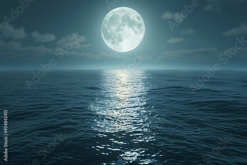 Full moon over the sea surface. 3D Rendering, illustration