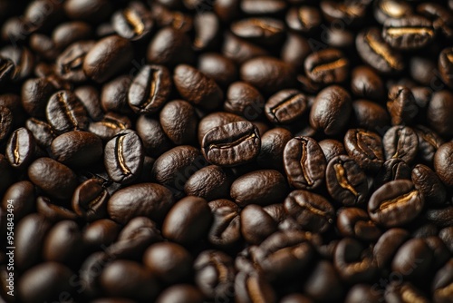 A rich and textured close-up of roasted coffee beans spread evenly across the frame. The deep