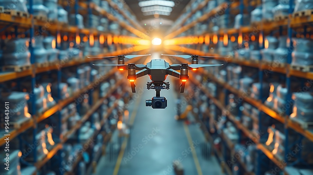 A dynamic shot of a human operator controlling drones that are flying through a large warehouse, conducting real-time inventory management. A dynamic shot of a human operator controlling drones that are flying through a large warehouse, conducting real-time inventory management.
