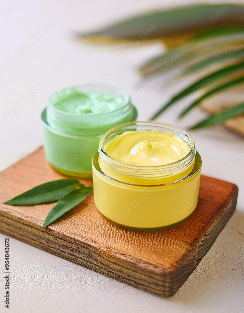 2 jars of yellow and green body butter on wooden podium. Homemade cosmetics. Beauty product 2 jars of yellow and green body butter on wooden podium. Homemade cosmetics. Beauty product