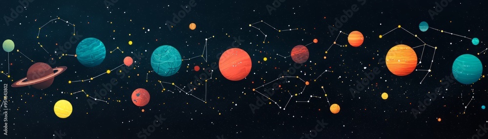 Naklejka premium A vibrant cosmic illustration showcasing various planets and constellations in a starry universe.