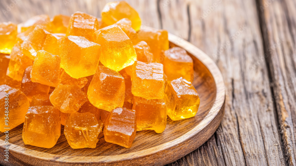 Honey candy pieces in bright amber hues arranged on a wooden tray market stall background sweet and vibrant Honey candy pieces in bright amber hues arranged on a wooden tray market stall background sweet and vibrant