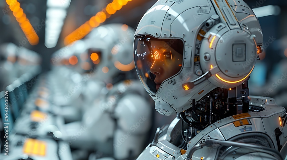 Fototapeta premium A futuristic call center where a customer service representative is working with an AI robot to assist customers.