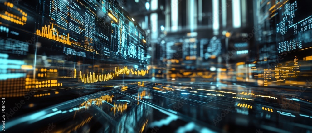 A futuristic trading floor with virtual currencies and stocks in dynamic motion A futuristic trading floor with virtual currencies and stocks in dynamic motion