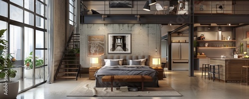 Modern loft bedroom with an open floor plan and industrial touches, 4K hyperrealistic photo