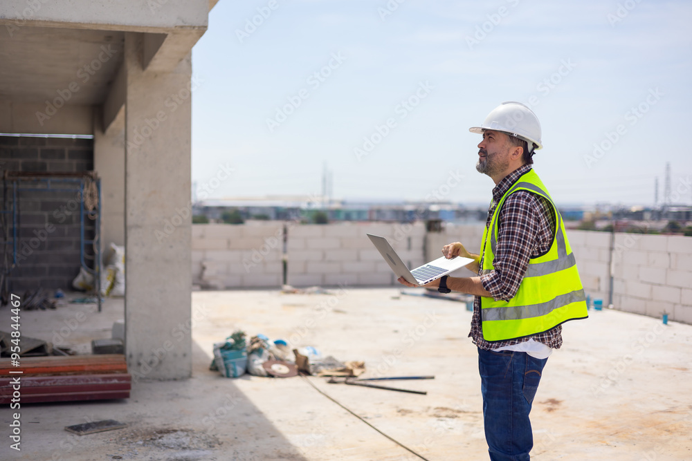 Fototapeta premium Professional Mechanical Engineer Working on Personal laptop computer at house construction site. Product quality Inspection
