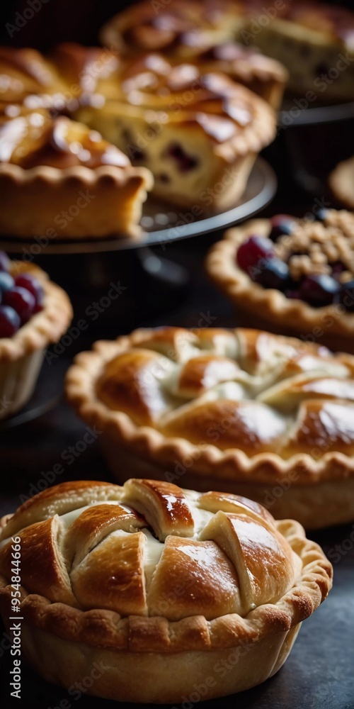 Freshly baked pastries and pies are arranged attractively on a table in a warm bakery. Their golden brown crusts feature beautifully crafted designs topped with a dusting of sugar. Generative AI Freshly baked pastries and pies are arranged attractively on a table in a warm bakery. Their golden brown crusts feature beautifully crafted designs topped with a dusting of sugar. Generative AI