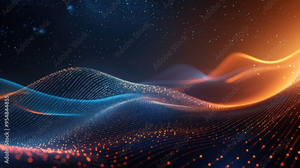 A dark background with blue and orange gradient lines in the bottom right corner, creating an abstract design that resembles sound waves or digital data streams. Generative AI. A dark background with blue and orange gradient lines in the bottom right corner, creating an abstract design that resembles sound waves or digital data streams. Generative AI.