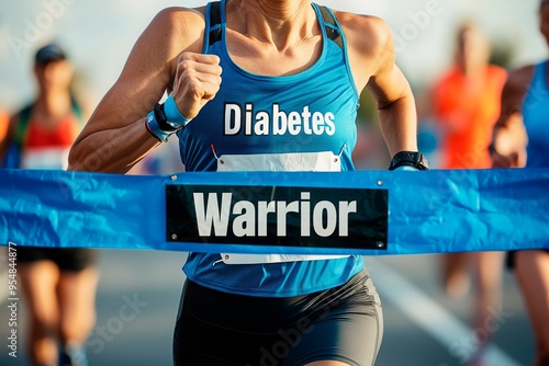 Runners crossing the finish line during a diabetes awareness marathon, World Diabetes Day awareness, copy space for text