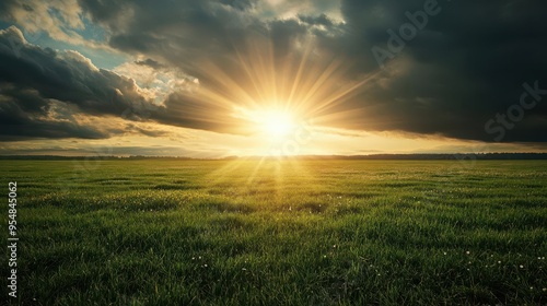 Sunshine breaking through the clouds over a blooming meadow, mixed weather, renewal