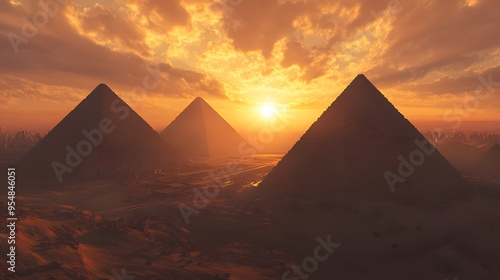 49. **Depict the Pyramids of Giza with a dramatic sunset sky casting long shadows over the desert landscape.**