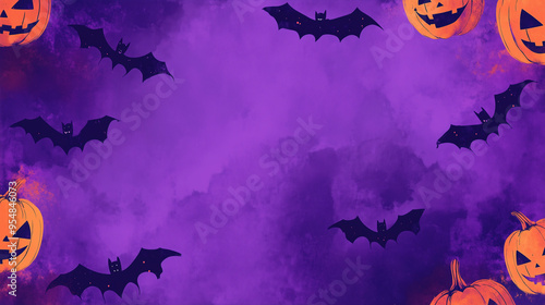 Purple Halloween Background with Bats and Pumpkins