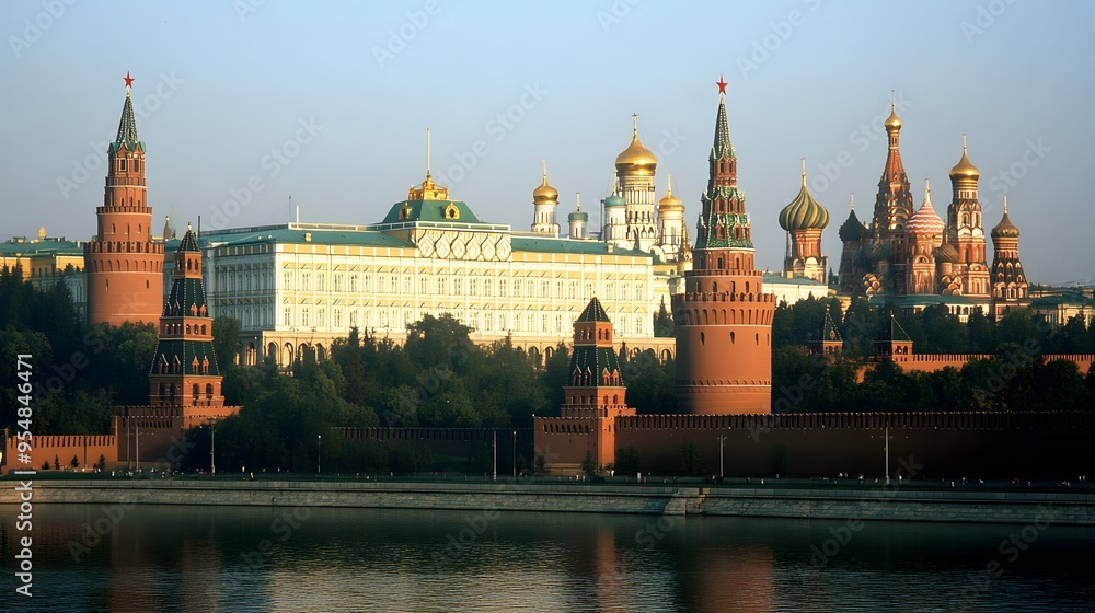 Obraz premium 28. **Visualize the Kremlin in Moscow with its historic walls, towers, and St. Basil's Cathedral in the background.**