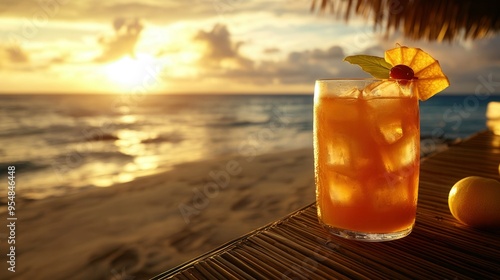Tropical Rum Punch on Bamboo Bar with Caribbean Sunset. AI generated illustration