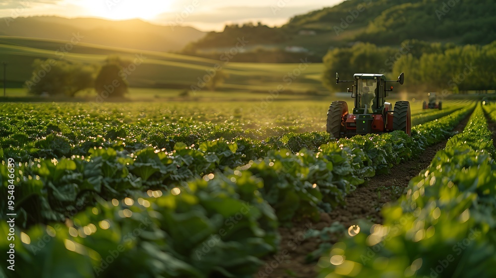 A high-tech farm where a farmer is using robots to plant and harvest crops. The scene captures the robots working methodically across the field, A high-tech farm where a farmer is using robots to plant and harvest crops. The scene captures the robots working methodically across the field,