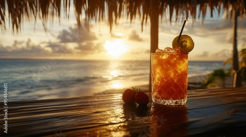 Tropical Rum Punch on Bamboo Bar with Caribbean Sunset. AI generated illustration photo