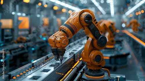 A high-tech factory where human workers and robots collaborate seamlessly in an optimized manufacturing environment. The scene captures the advanced machinery and automated systems in action, photo