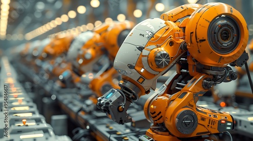 A high-tech factory where human workers and robots collaborate seamlessly in an optimized manufacturing environment. The scene captures the advanced machinery and automated systems in action, photo