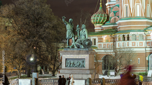 St. Basils cathedral and monument to Minin and Pozharsky timelapse hyperlapse in Moscow, Russia