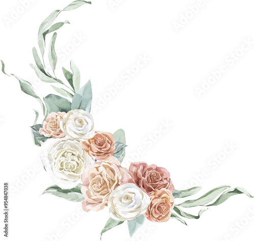 Spring Floral Wedding Bouquet White Cream Pastel Watercolor Corner Banner Elegant Wreath Frame