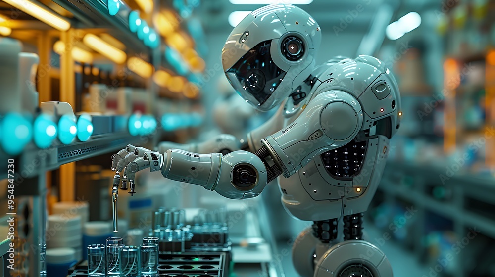 A laboratory scene where a scientist is guiding a robotic arm as it conducts an experiment, with the robotic arm precisely manipulating test tubes. The background features a clean, A laboratory scene where a scientist is guiding a robotic arm as it conducts an experiment, with the robotic arm precisely manipulating test tubes. The background features a clean,