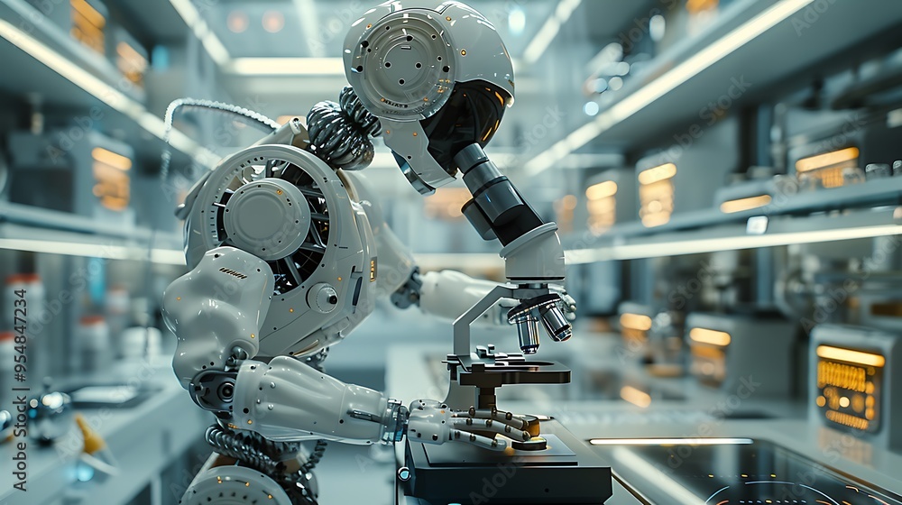 Fototapeta premium A laboratory scene where a scientist is using a robotic arm to analyze biological samples under a microscope. The robotic arm is steady and precise, with the background featuring a clean,