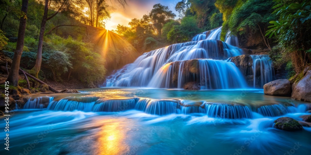 Obraz premium Kapas Biru Falls in the evening, highlighting the striking contrast between the cool blue tones of the waterfall and the warm golden light of the surrounding environment